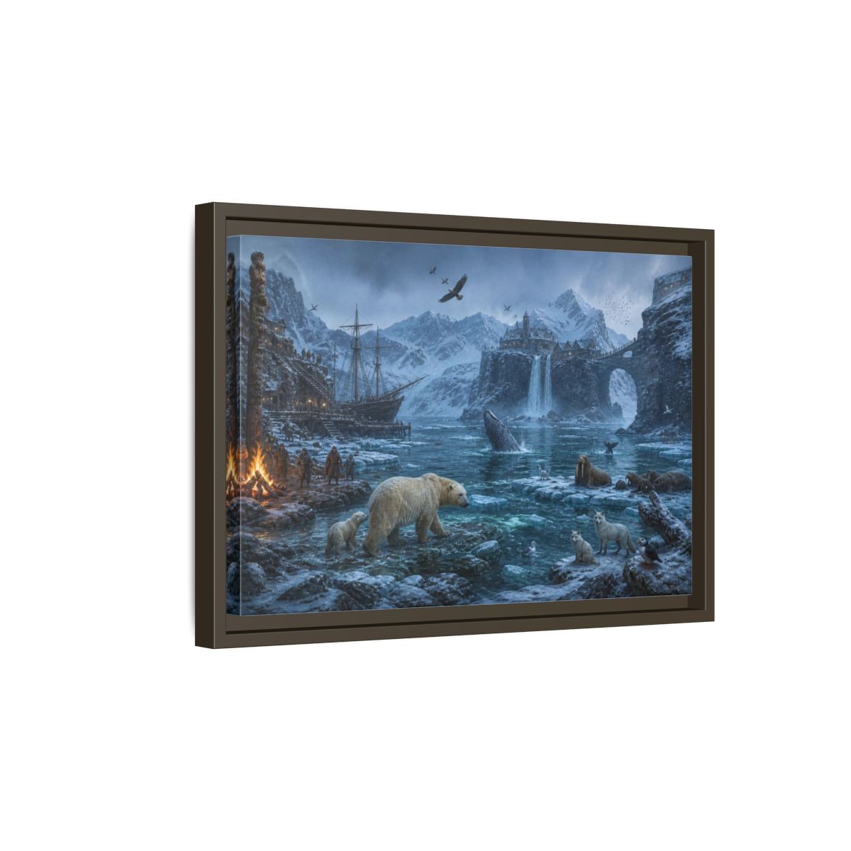 Side Mockup 5. Arctic Polar Bear Harbor shown as framed canvas print