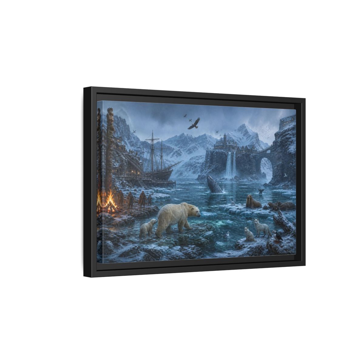 Side Mockup 6. Arctic Polar Bear Harbor shown as framed canvas print