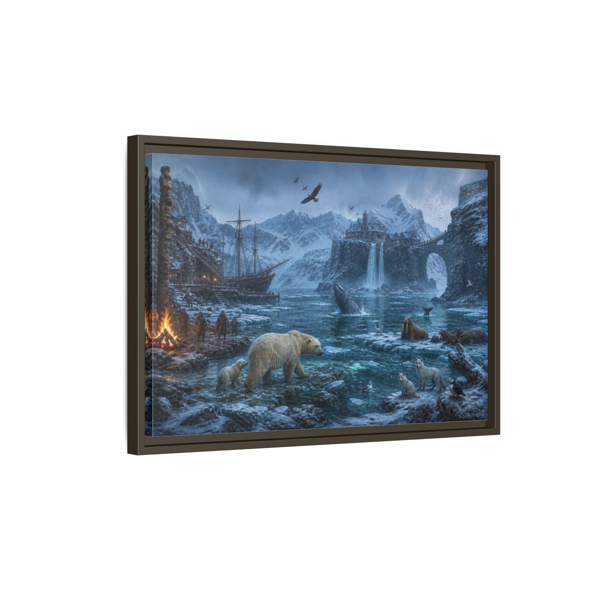 Side Mockup 2. Arctic Polar Bear Harbor shown as framed canvas print