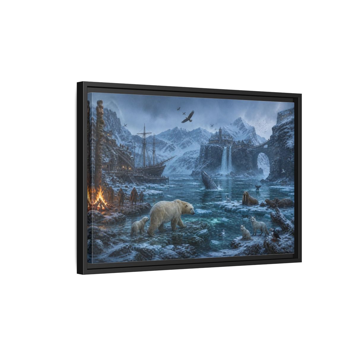 Side Mockup 3. Arctic Polar Bear Harbor shown as framed canvas print