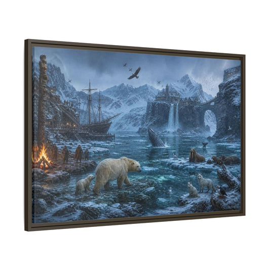 Main Mockup. Arctic Polar Bear Harbor shown as framed canvas print