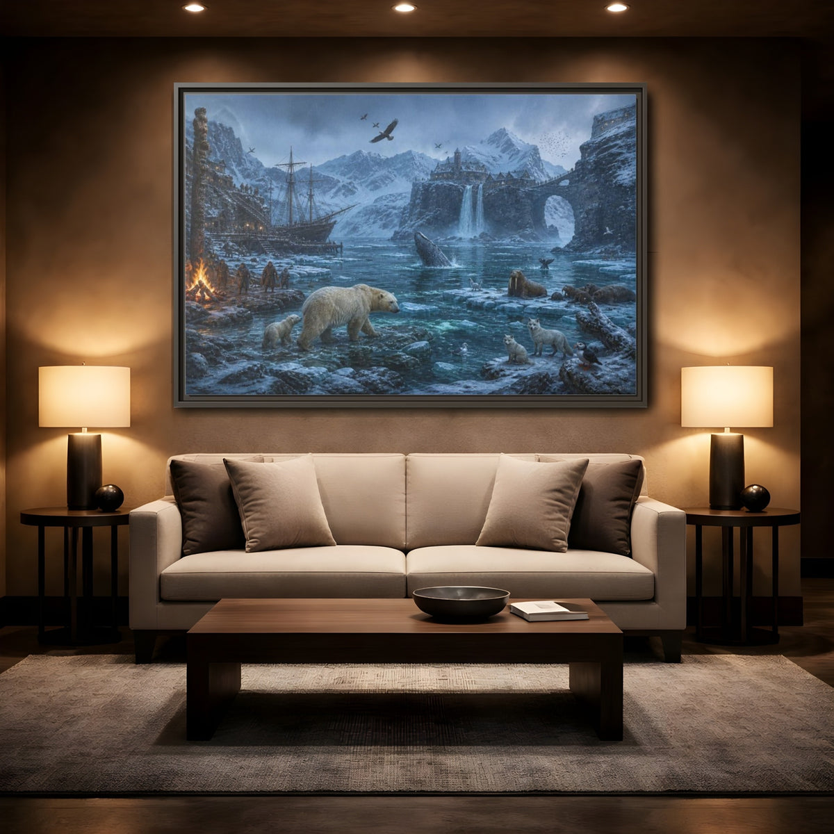 Mockup 2. Arctic Polar Bear Harbor shown as framed canvas print