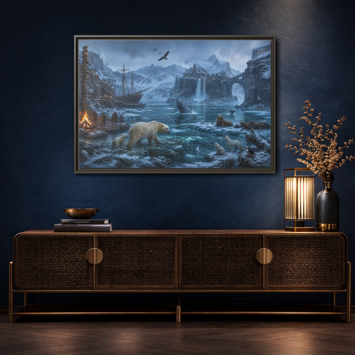Mockup 4. Arctic Polar Bear Harbor shown as framed canvas print