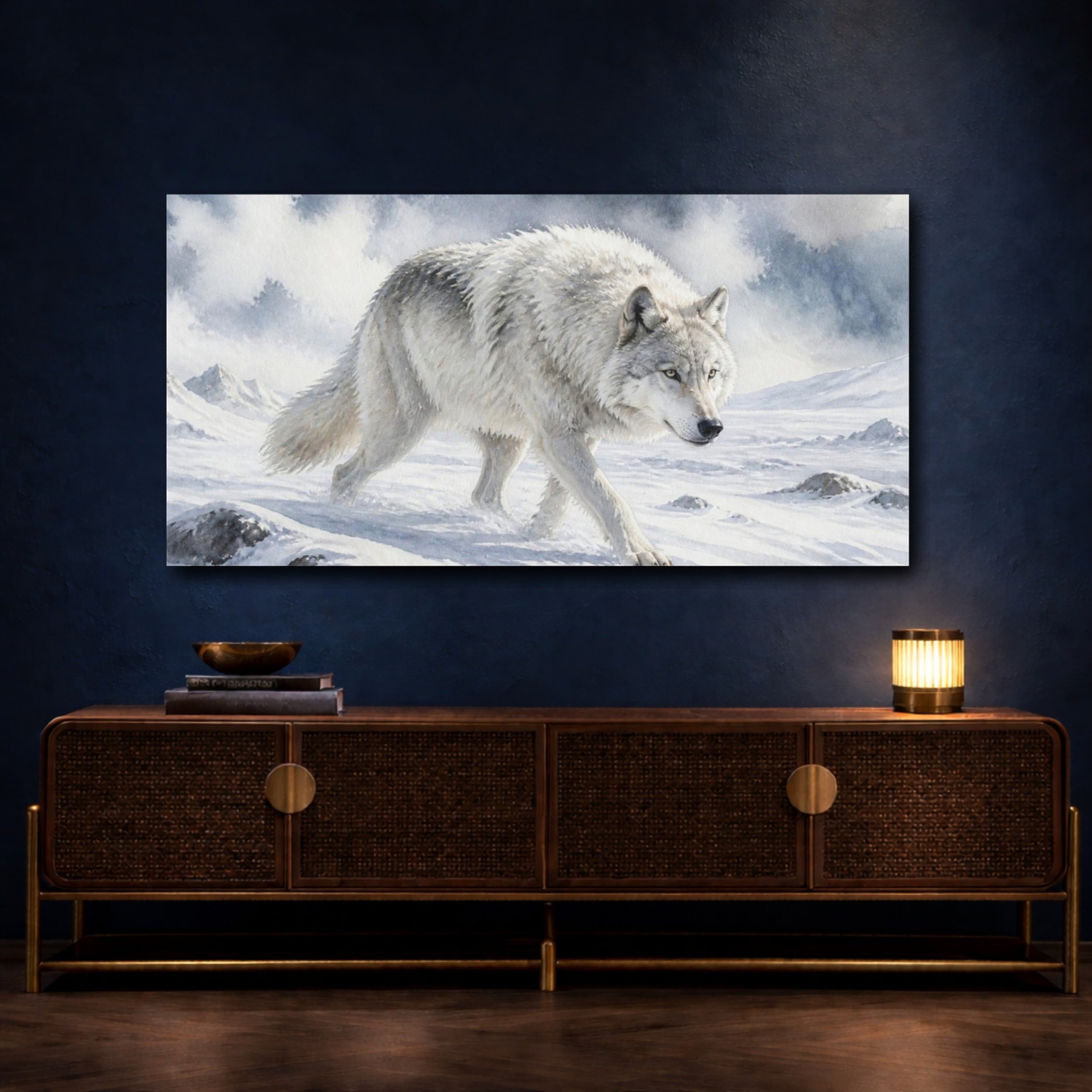 Mockup 4. Arctic Wolf Animals shown as canvas print