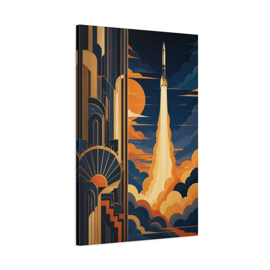 Main Mockup. Art Deco Rocket Launch shown as canvas print