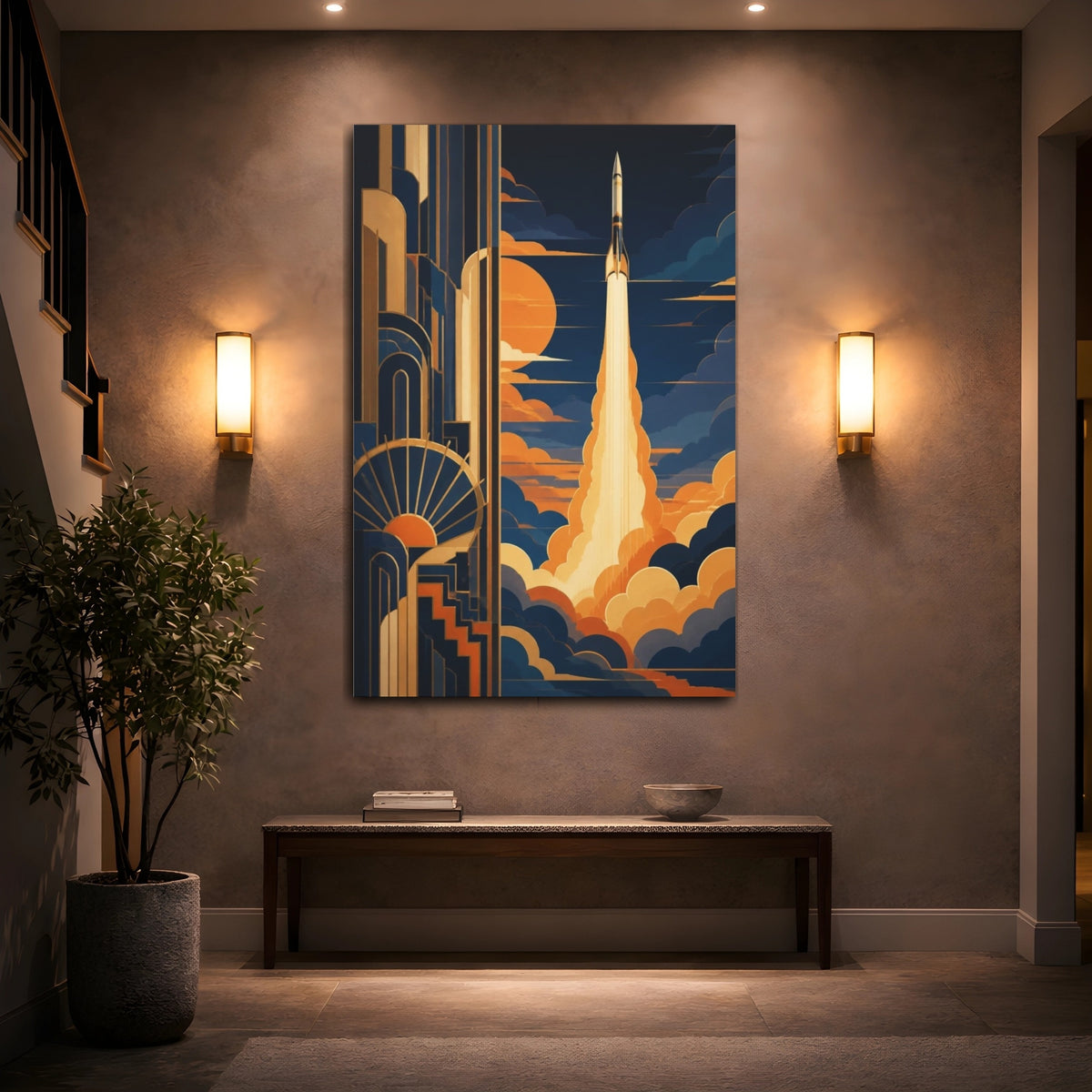 Mockup 2. Art Deco Rocket Launch shown as canvas print