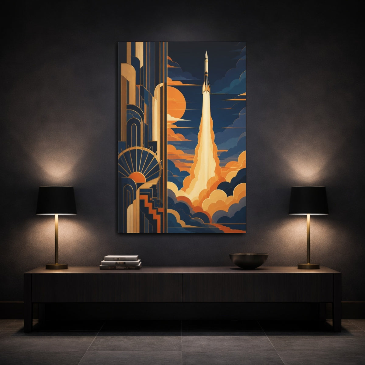 Mockup 3. Art Deco Rocket Launch shown as canvas print