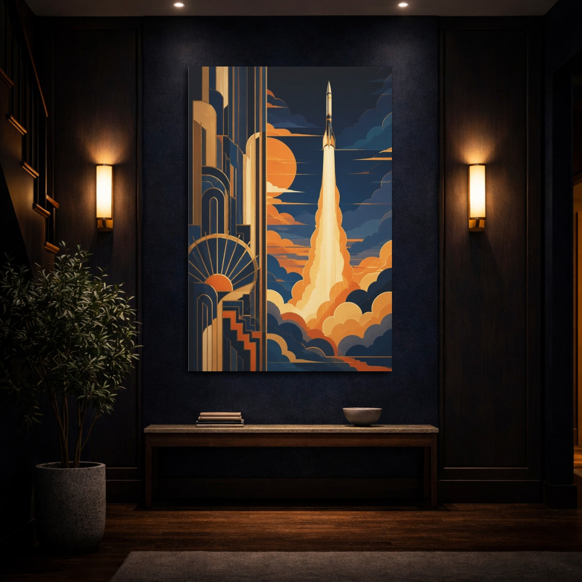 Mockup 4. Art Deco Rocket Launch shown as canvas print