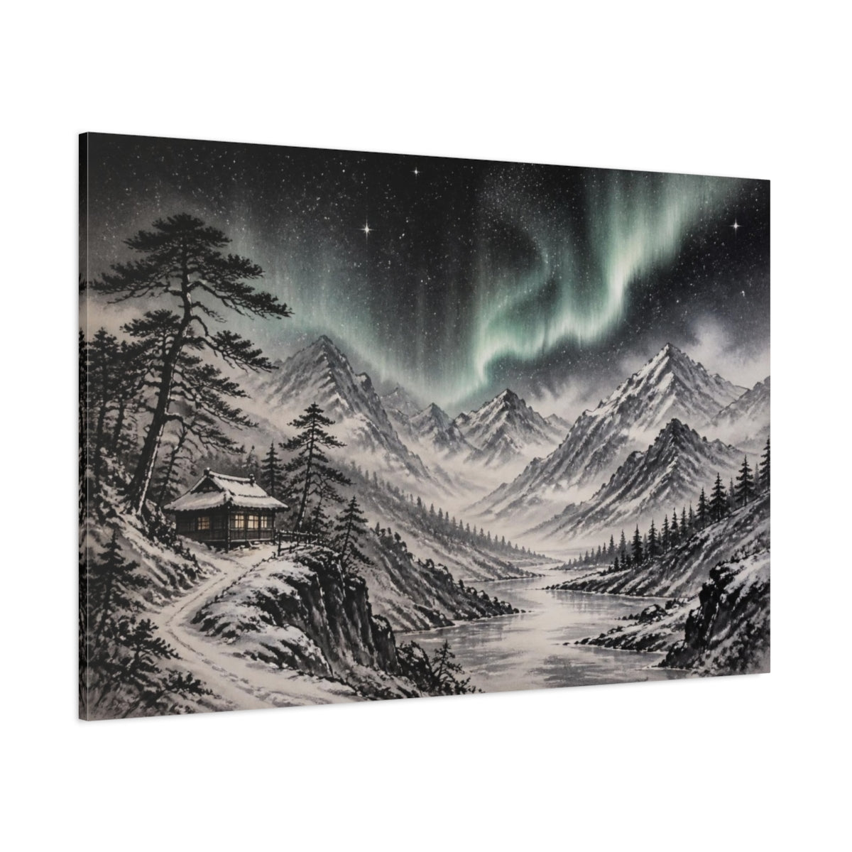 Side Mockup 1. Aurora Mountain Landscape shown as canvas print