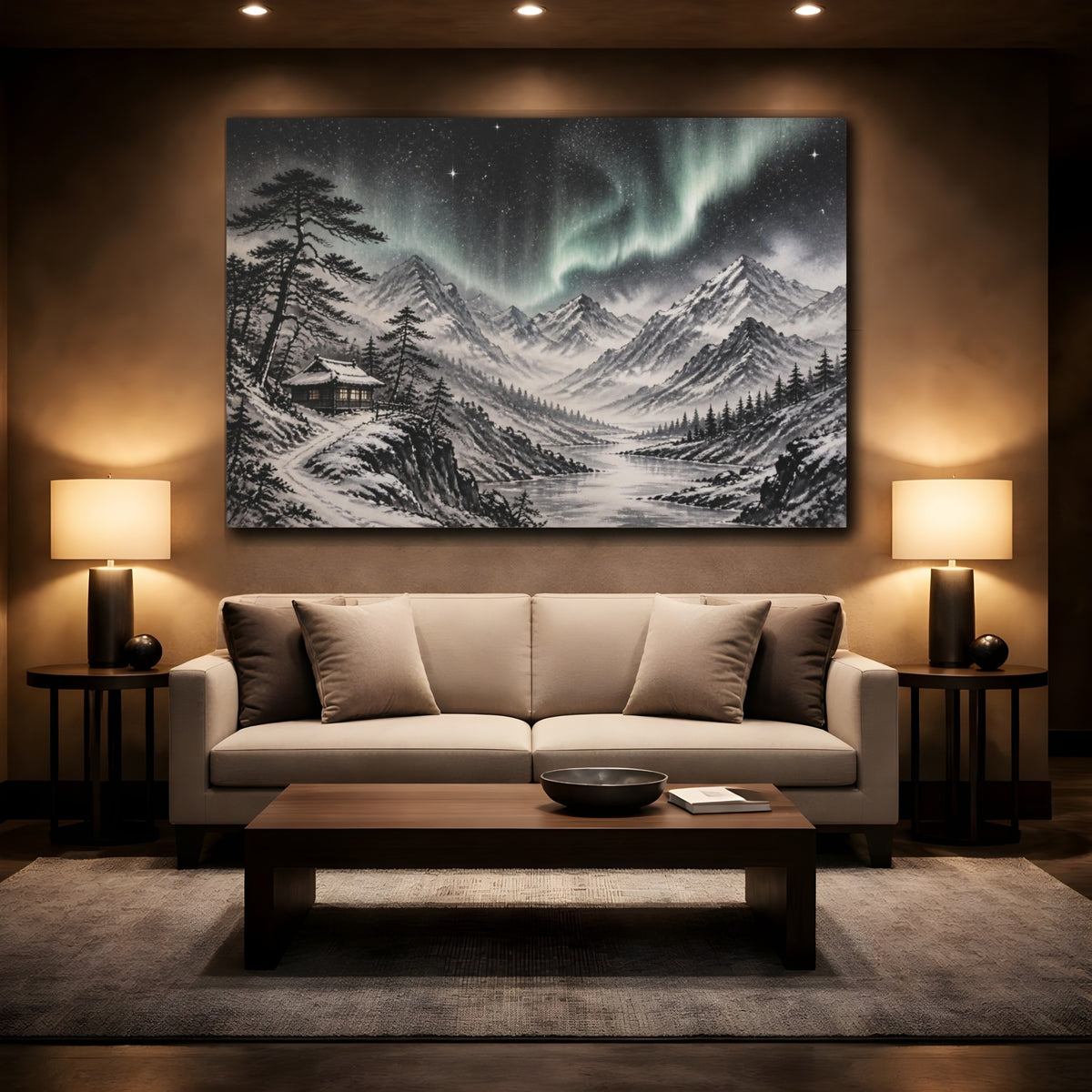 Mockup 2. Aurora Mountain Landscape shown as canvas print