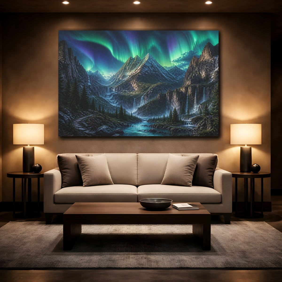 Mockup 2. Aurora Over Mountain Peaks shown as canvas print