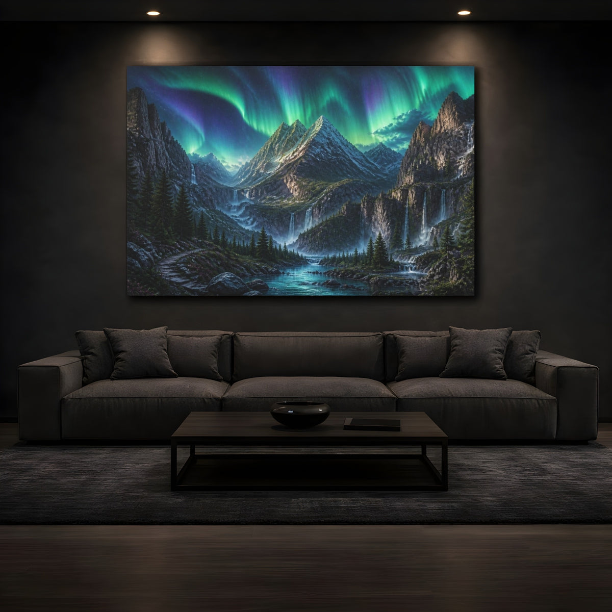 Mockup 3. Aurora Over Mountain Peaks shown as canvas print