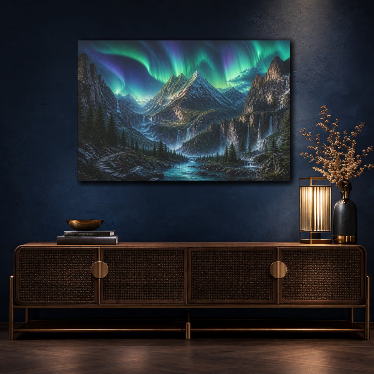 Mockup 4. Aurora Over Mountain Peaks shown as canvas print