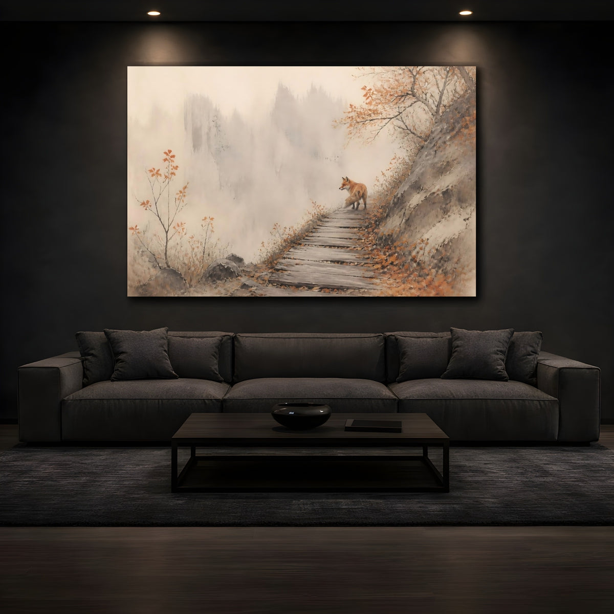 Mockup 3. Autumn Fox On Path shown as canvas print