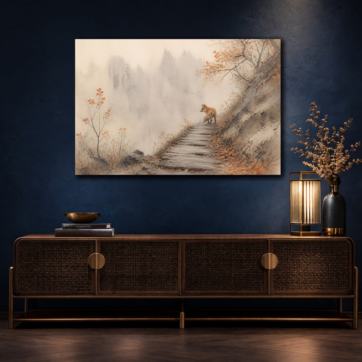 Mockup 4. Autumn Fox On Path shown as canvas print