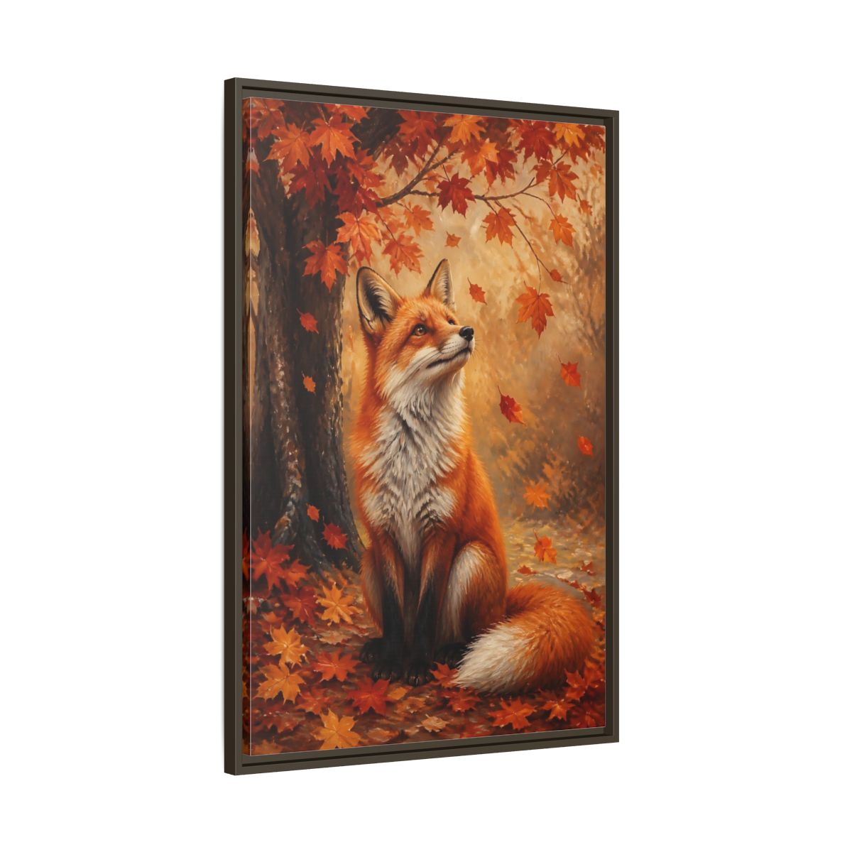 Main Mockup. Autumn Red Fox Portrait shown as framed canvas print