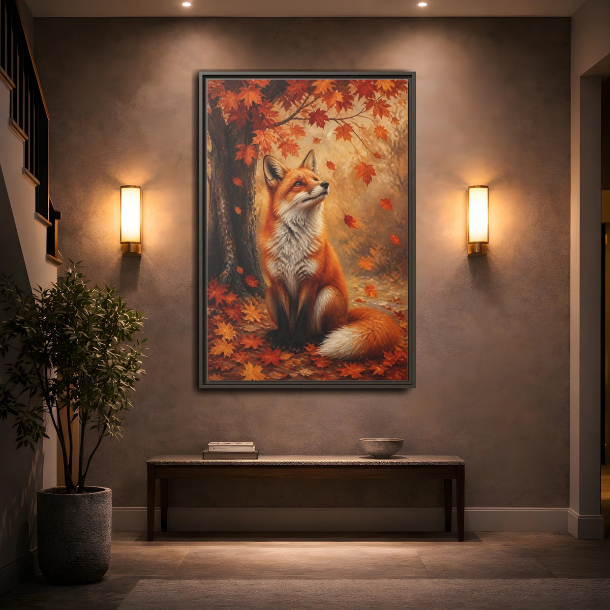 Mockup 2. Autumn Red Fox Portrait shown as framed canvas print