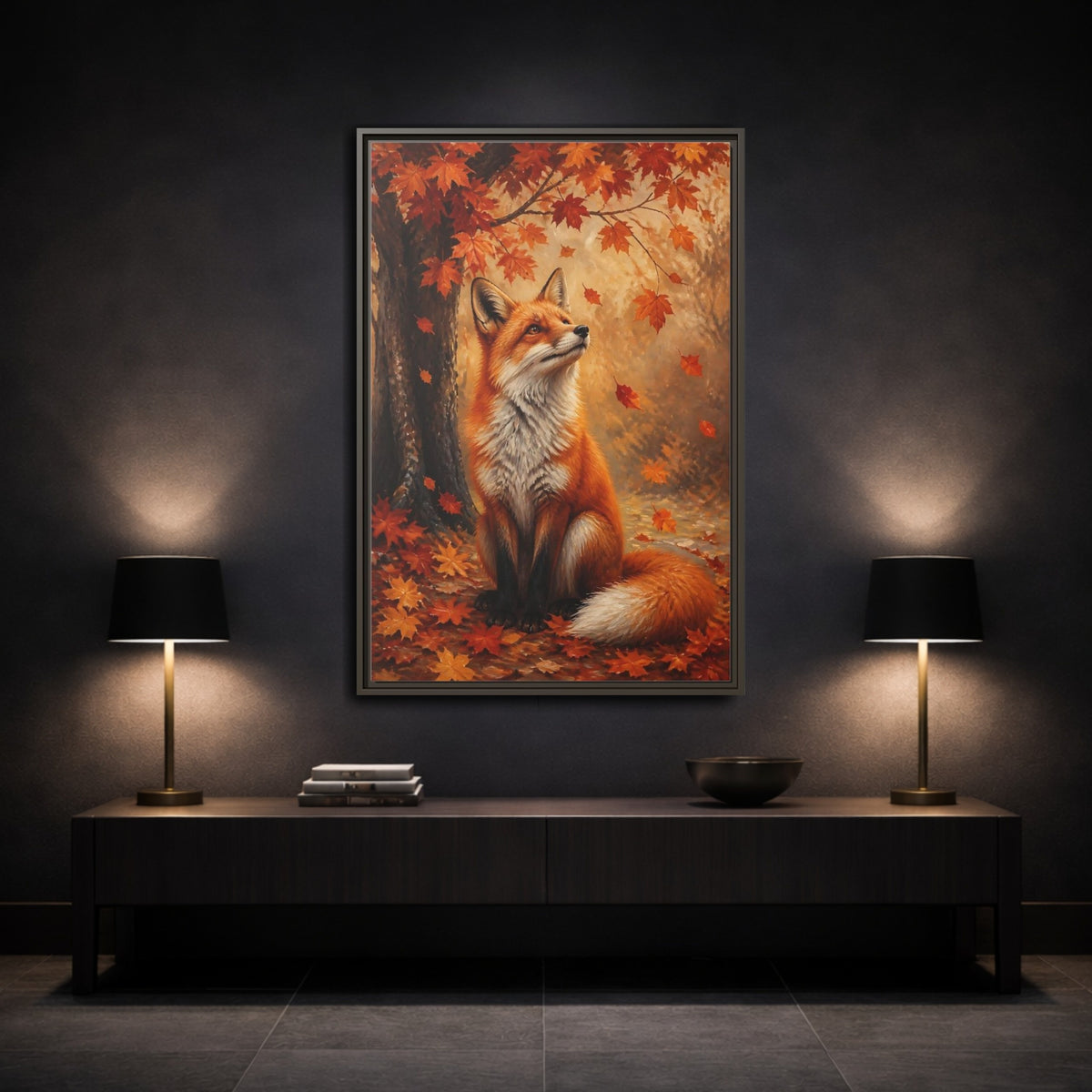 Mockup 3. Autumn Red Fox Portrait shown as framed canvas print