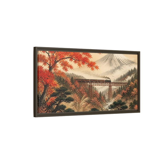 Main Mockup. Autumn Steam Train Bridge shown as framed canvas print