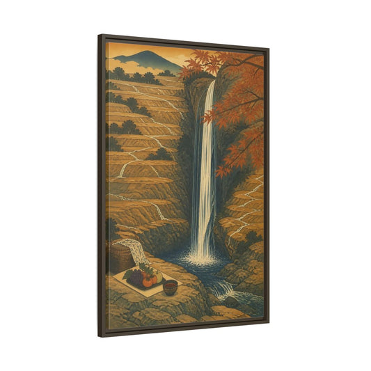Main Mockup. Autumn Waterfall Picnic shown as framed canvas print