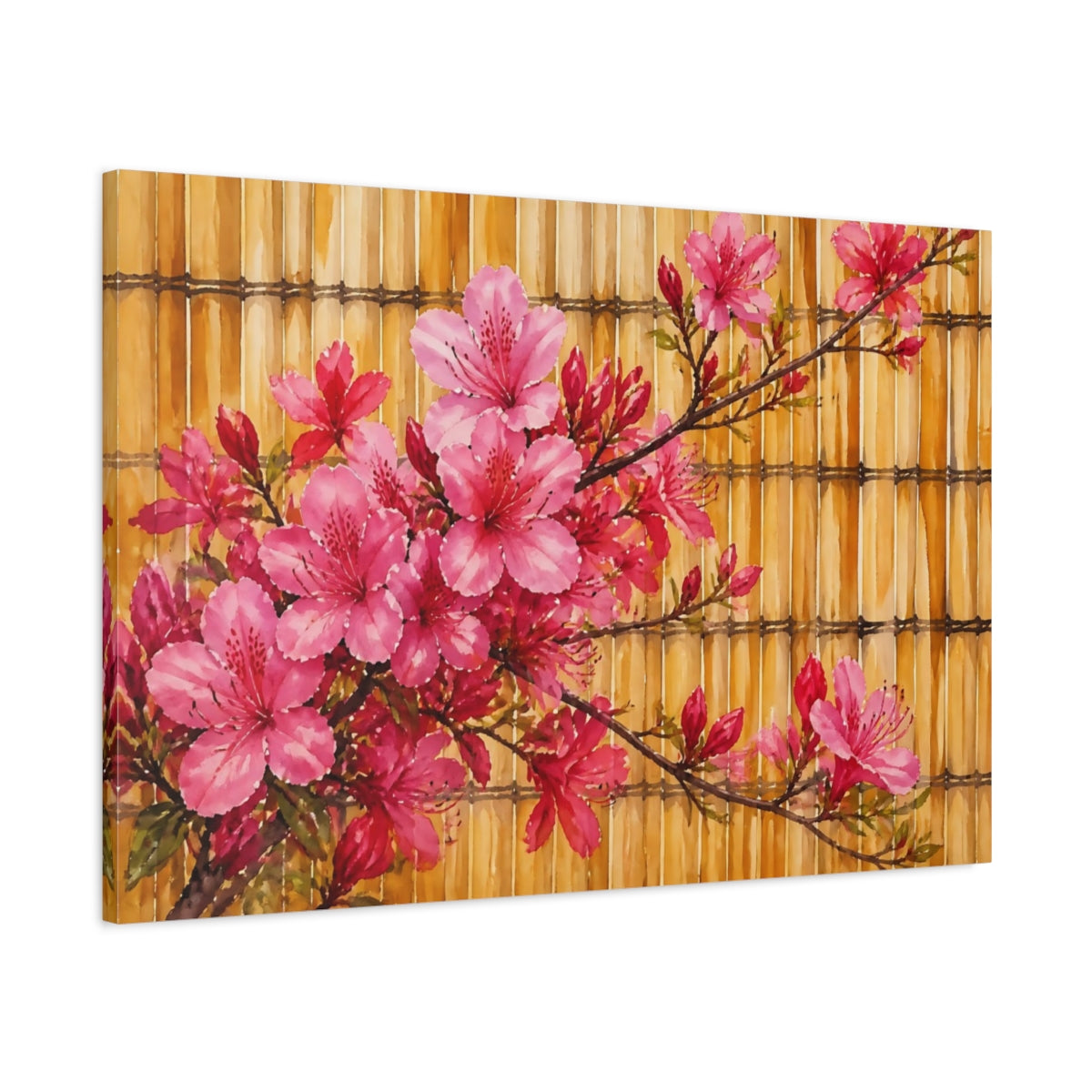 Main Mockup. Azalea Flowers On Bamboo shown as canvas print