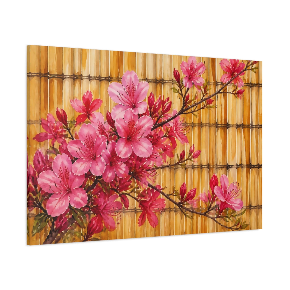 Side Mockup 1. Azalea Flowers On Bamboo shown as canvas print