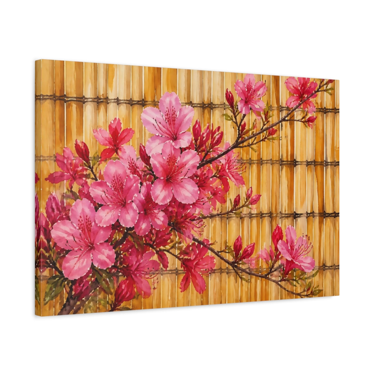 Side Mockup 2. Azalea Flowers On Bamboo shown as canvas print