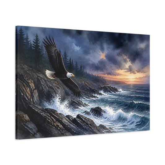 Main Mockup. Bald Eagle Coastal Landscape shown as canvas print