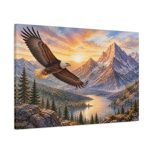 Main Mockup. Bald Eagle Sunrise Landscape shown as canvas print