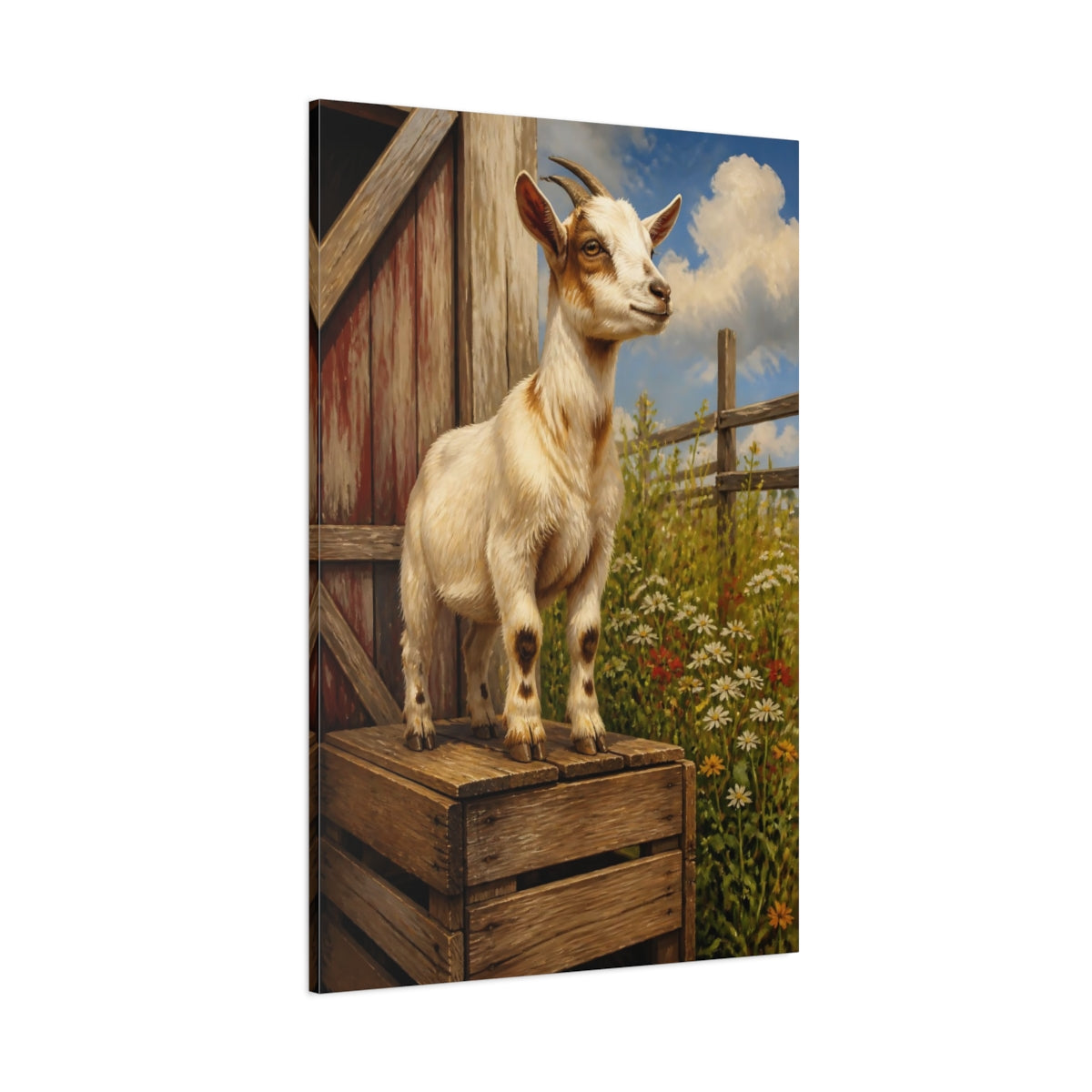 Side Mockup 1. Barn Goat Animals shown as canvas print