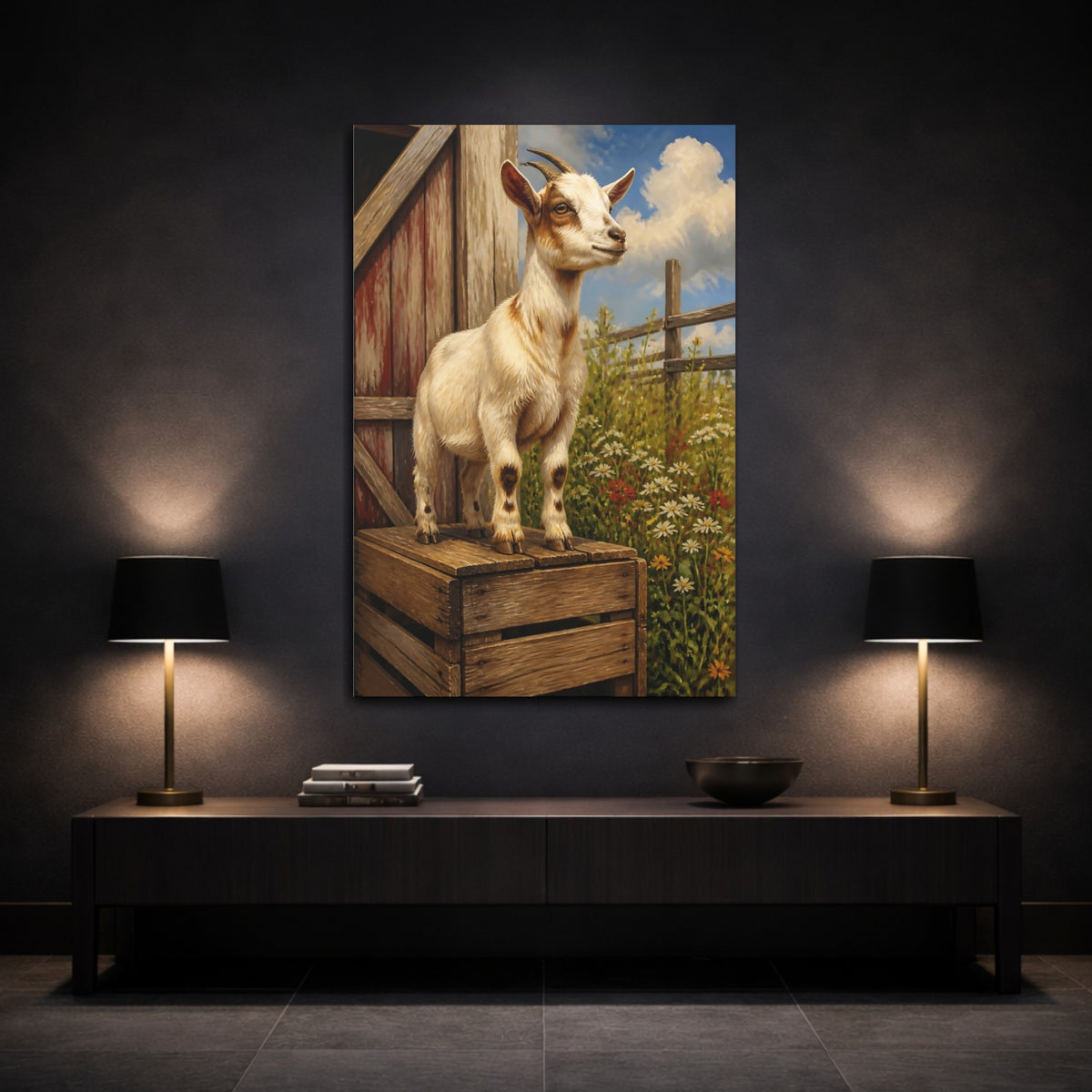 Mockup 3. Barn Goat Animals shown as canvas print
