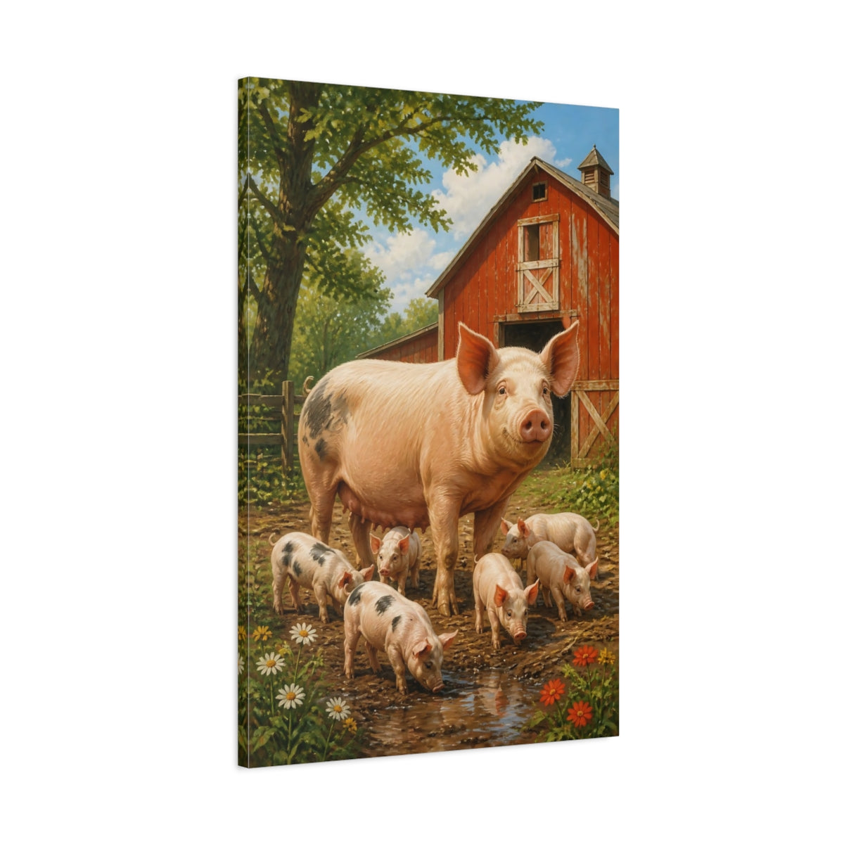 Main Mockup. Barnyard Animals: Sow & Piglets shown as canvas print