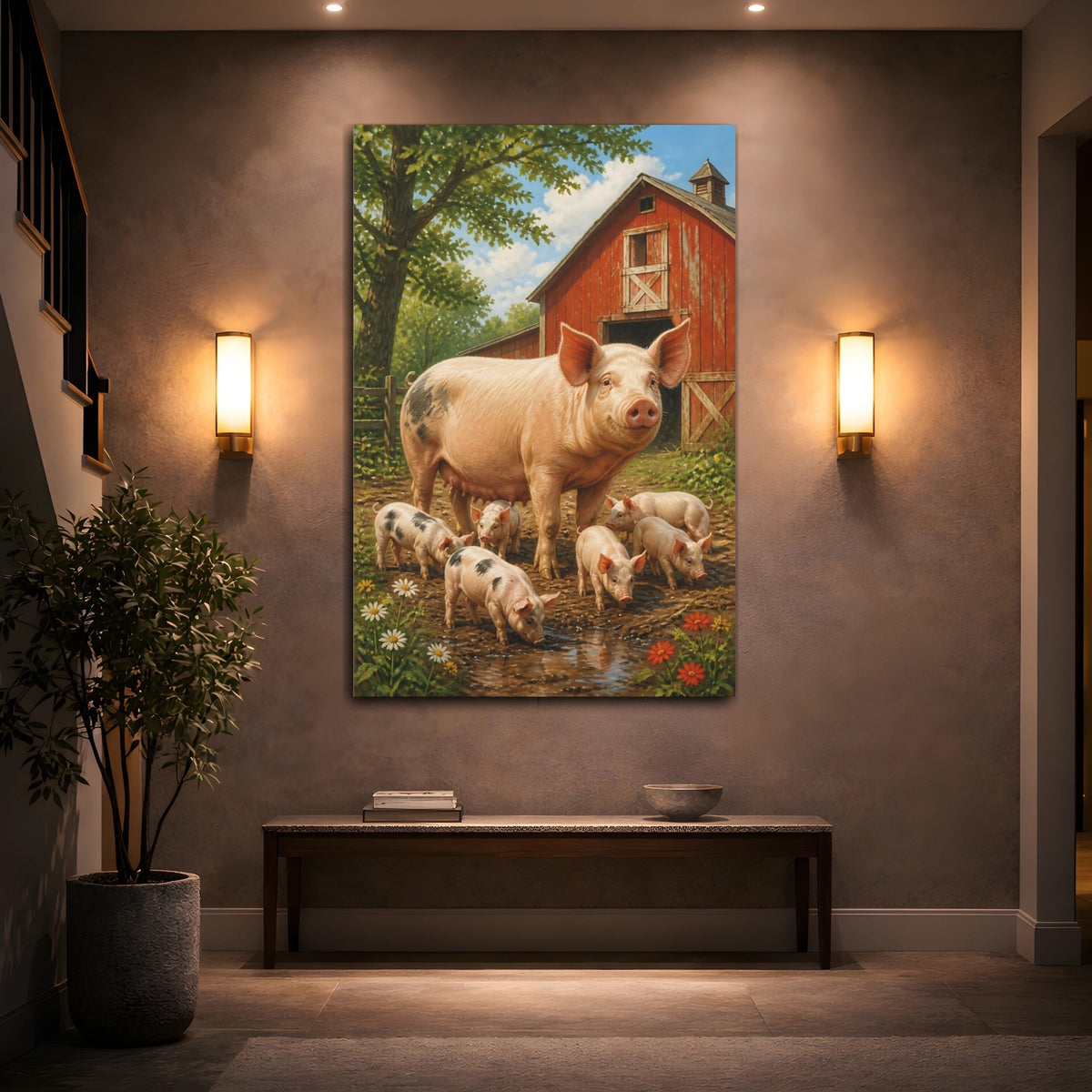 Mockup 2. Barnyard Animals: Sow & Piglets shown as canvas print