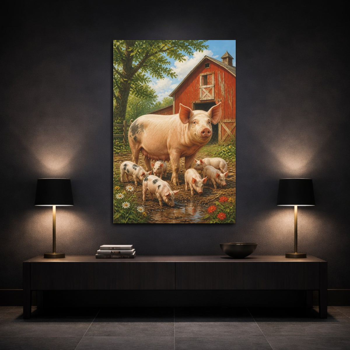 Mockup 3. Barnyard Animals: Sow & Piglets shown as canvas print