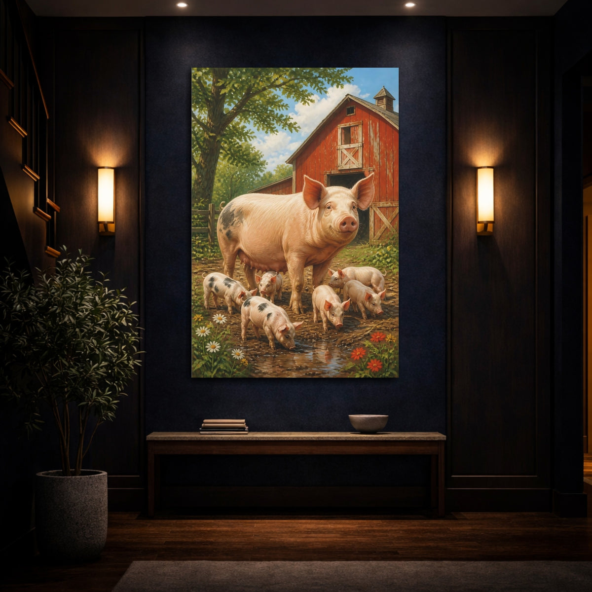 Mockup 4. Barnyard Animals: Sow & Piglets shown as canvas print