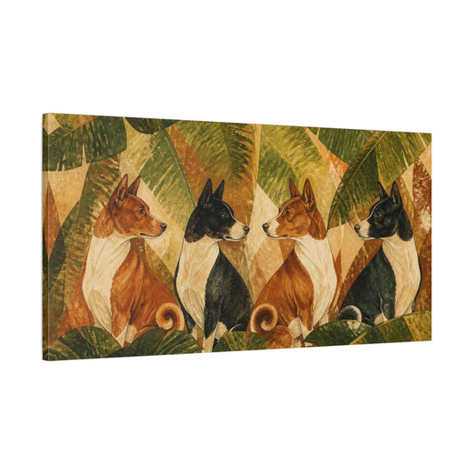 Main Mockup. Basenji Pets Among Banana Leaves shown as canvas print