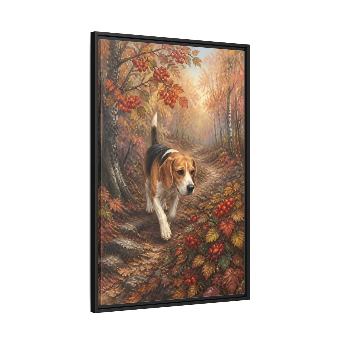 Side Mockup 13. Beagle On Autumn Path shown as framed canvas print