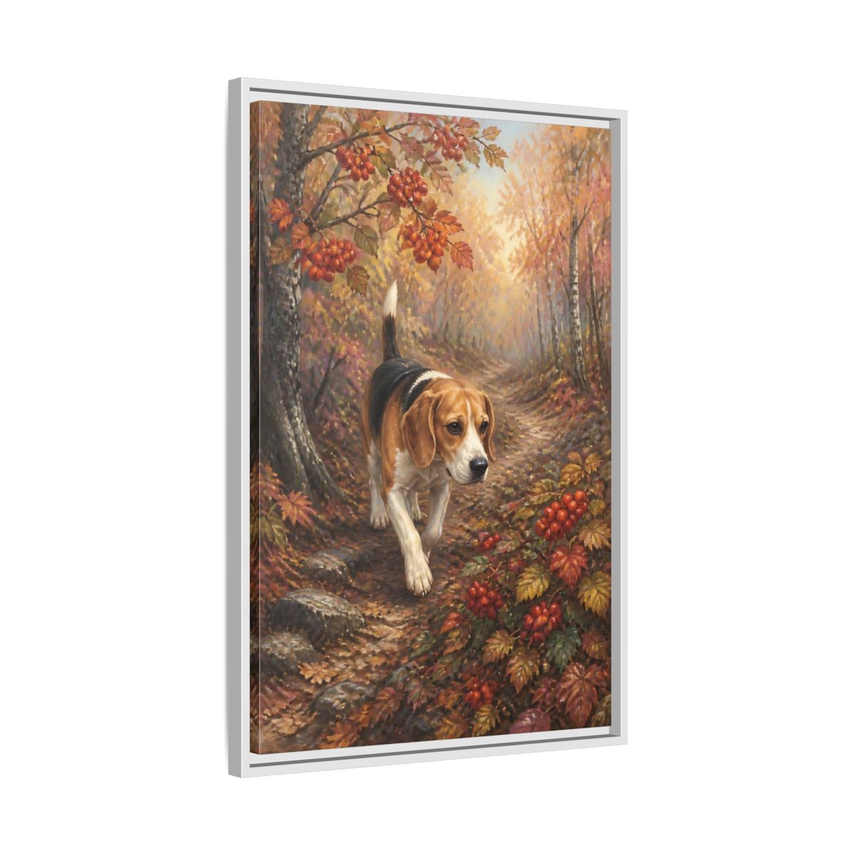 Side Mockup 10. Beagle On Autumn Path shown as framed canvas print