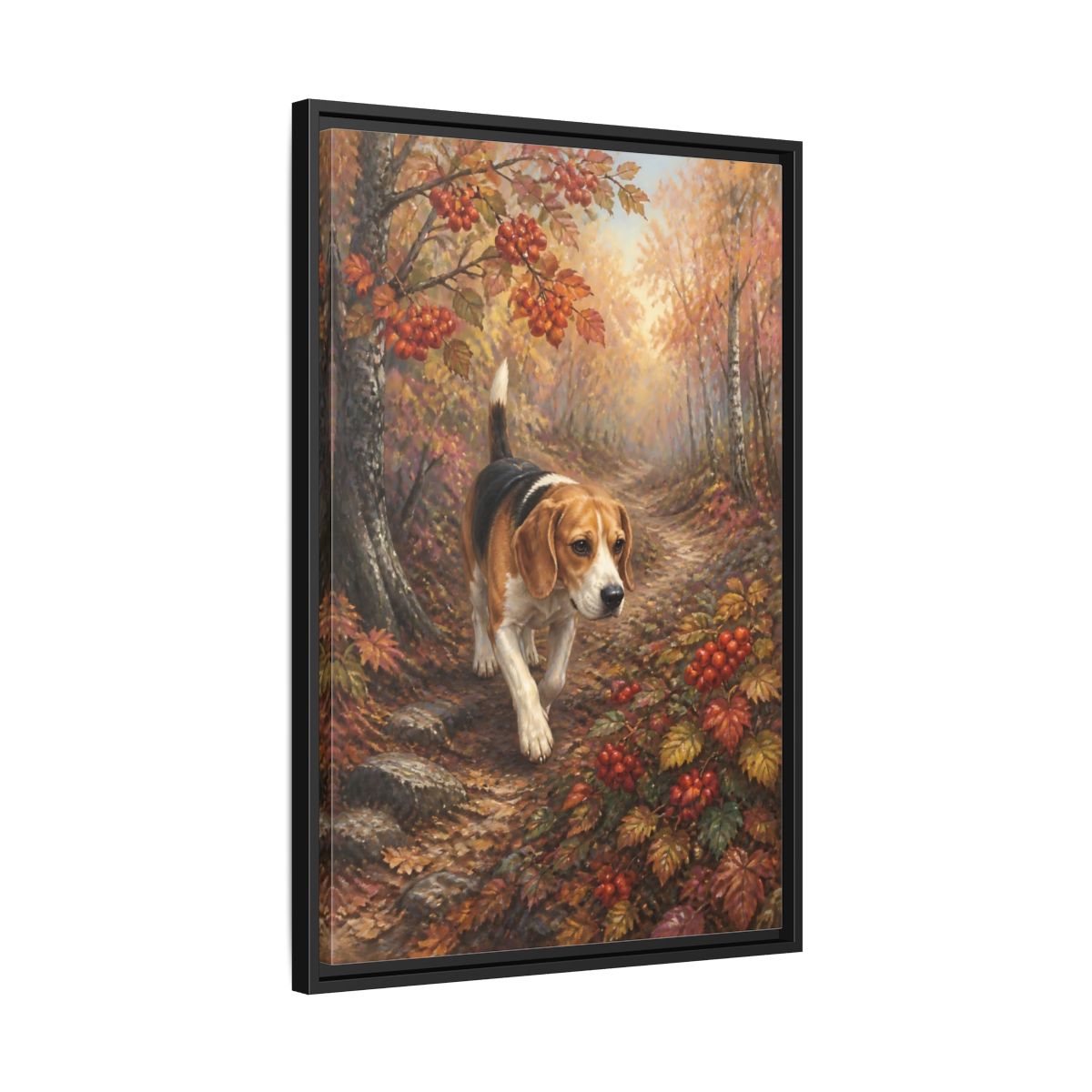 Side Mockup 14. Beagle On Autumn Path shown as framed canvas print
