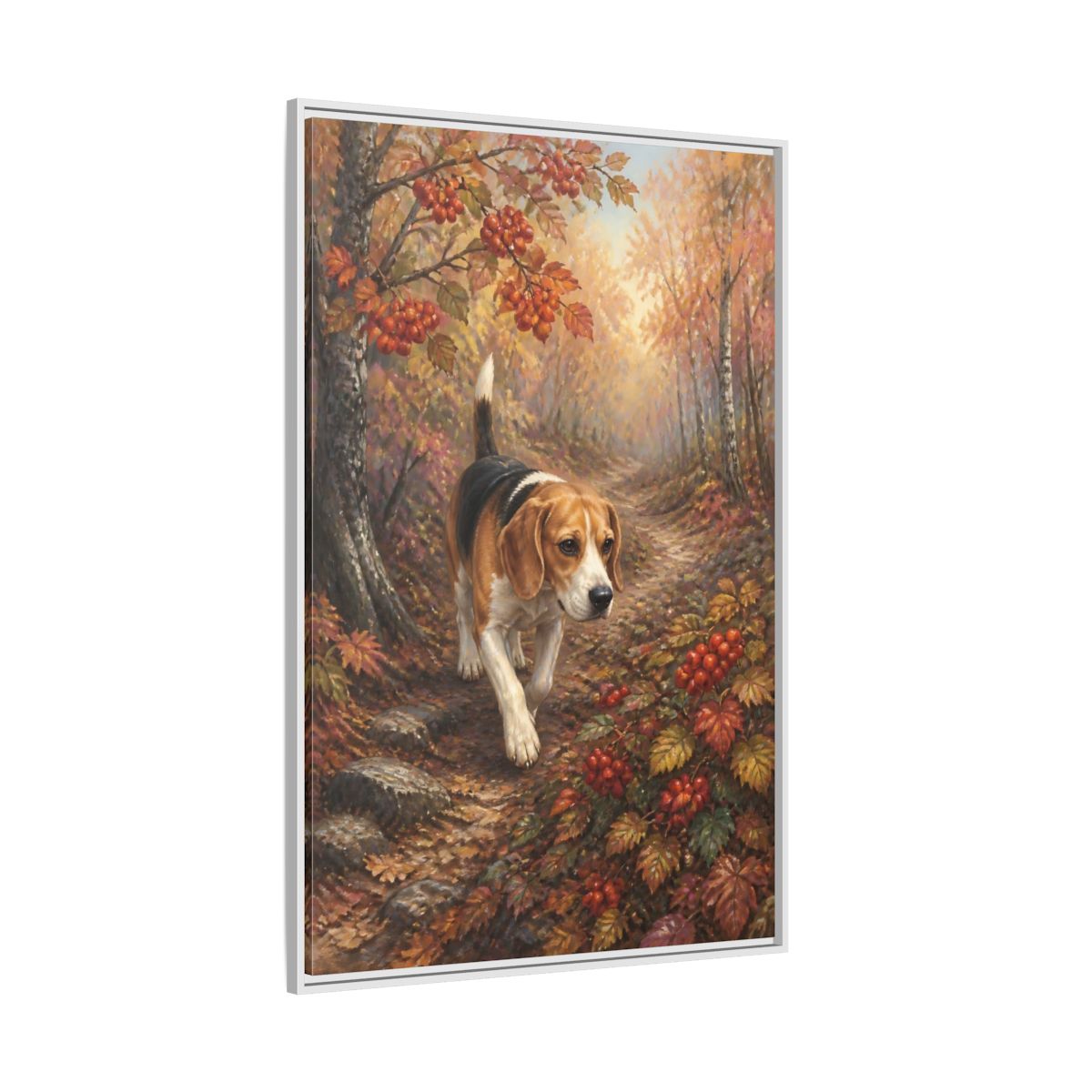 Side Mockup 7. Beagle On Autumn Path shown as framed canvas print