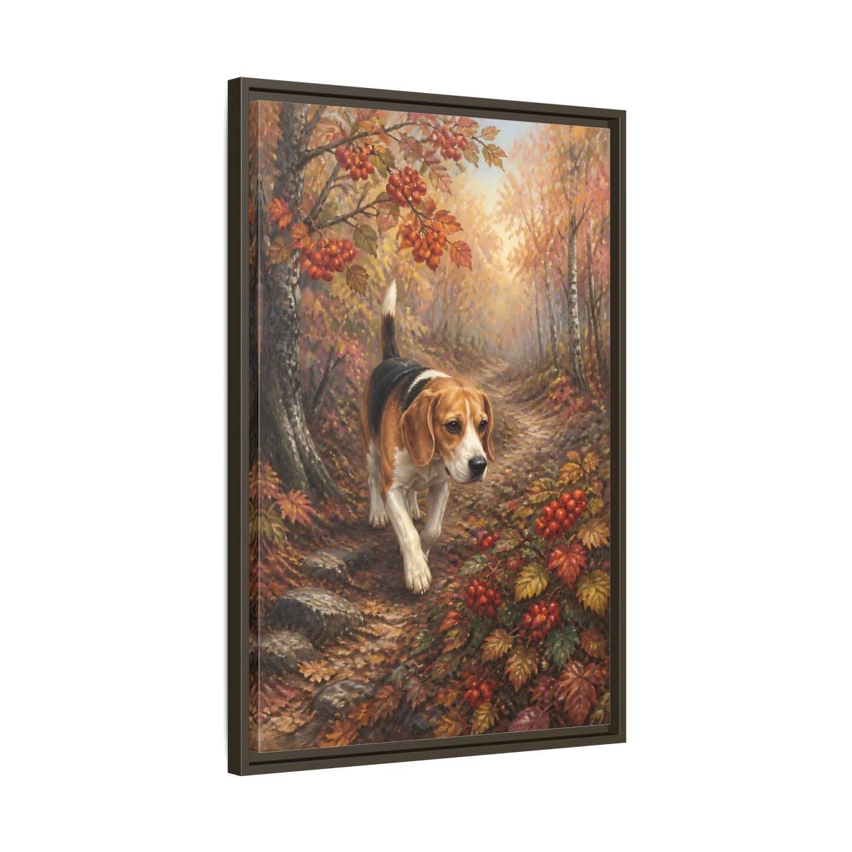 Side Mockup 11. Beagle On Autumn Path shown as framed canvas print