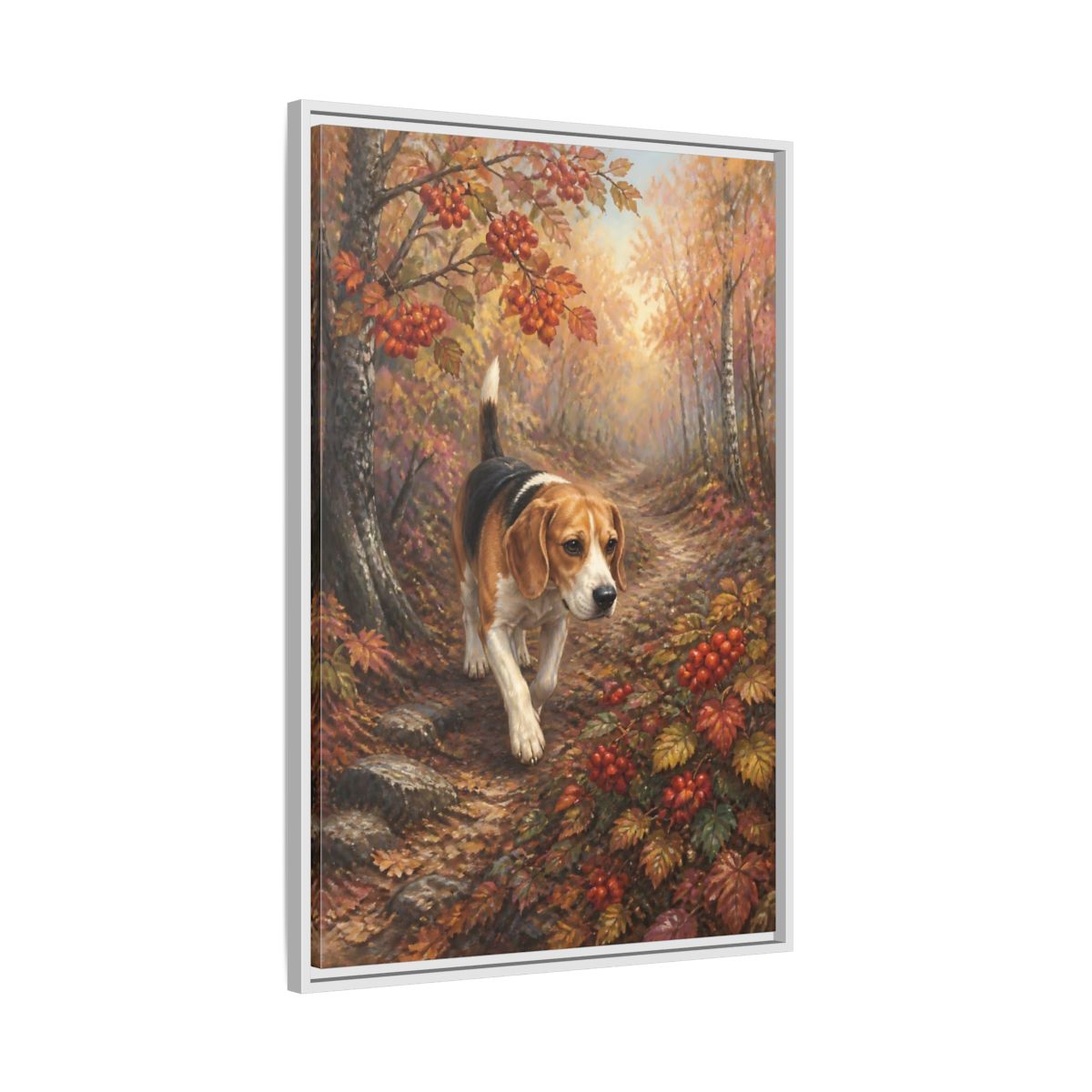 Side Mockup 9. Beagle On Autumn Path shown as framed canvas print