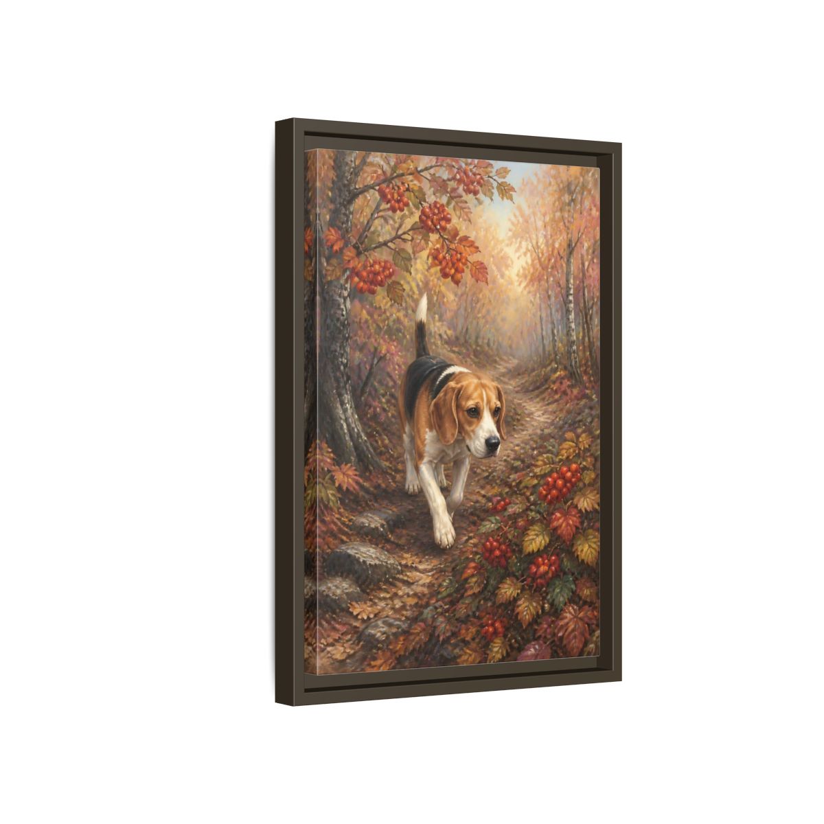 Side Mockup 5. Beagle On Autumn Path shown as framed canvas print