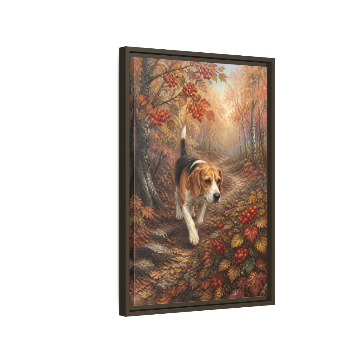 Side Mockup 2. Beagle On Autumn Path shown as framed canvas print