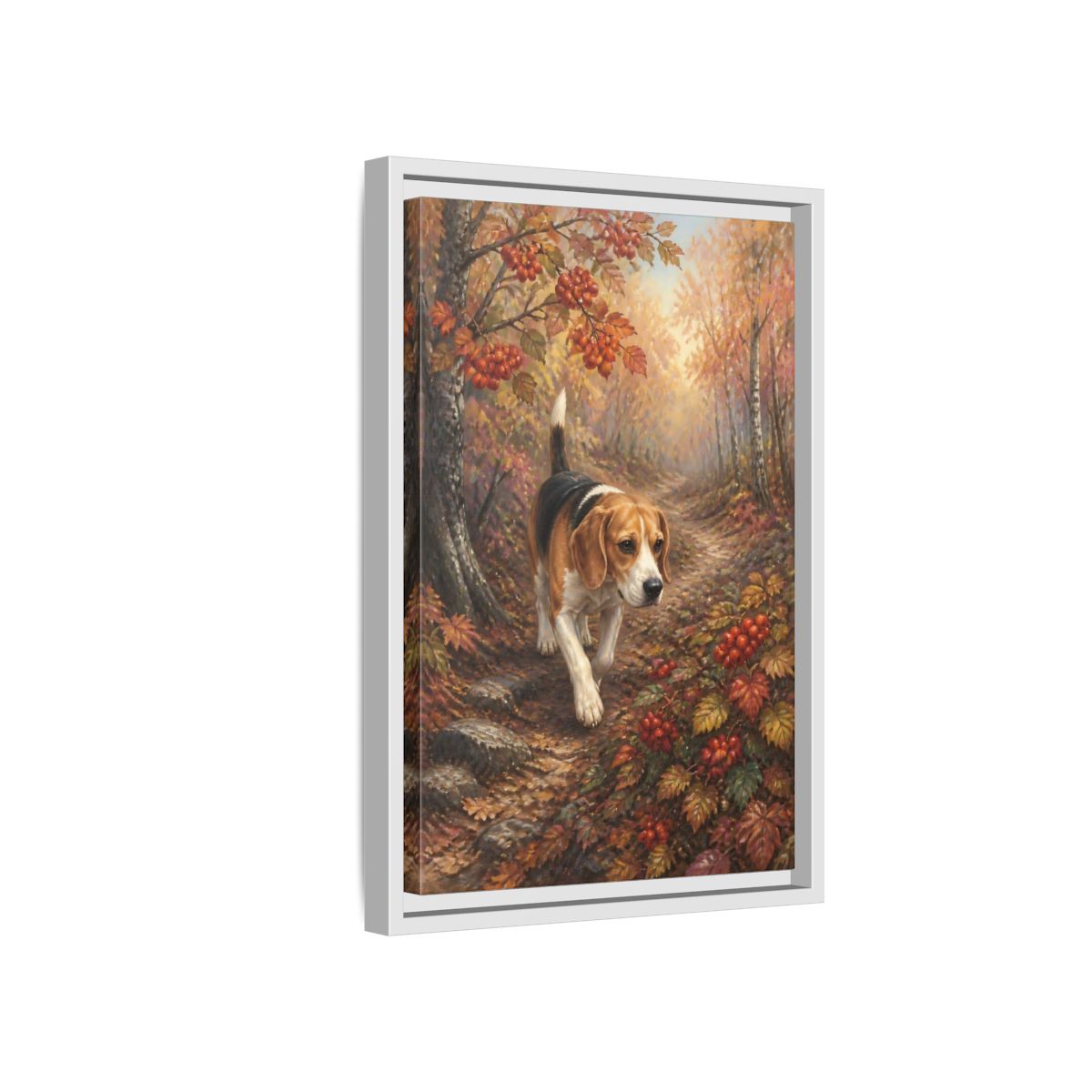 Side Mockup 4. Beagle On Autumn Path shown as framed canvas print