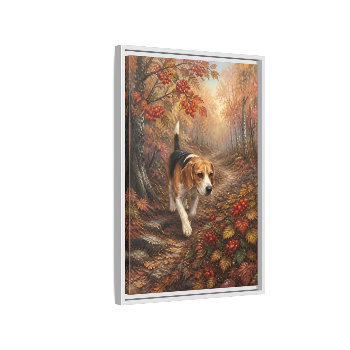 Side Mockup 1. Beagle On Autumn Path shown as framed canvas print
