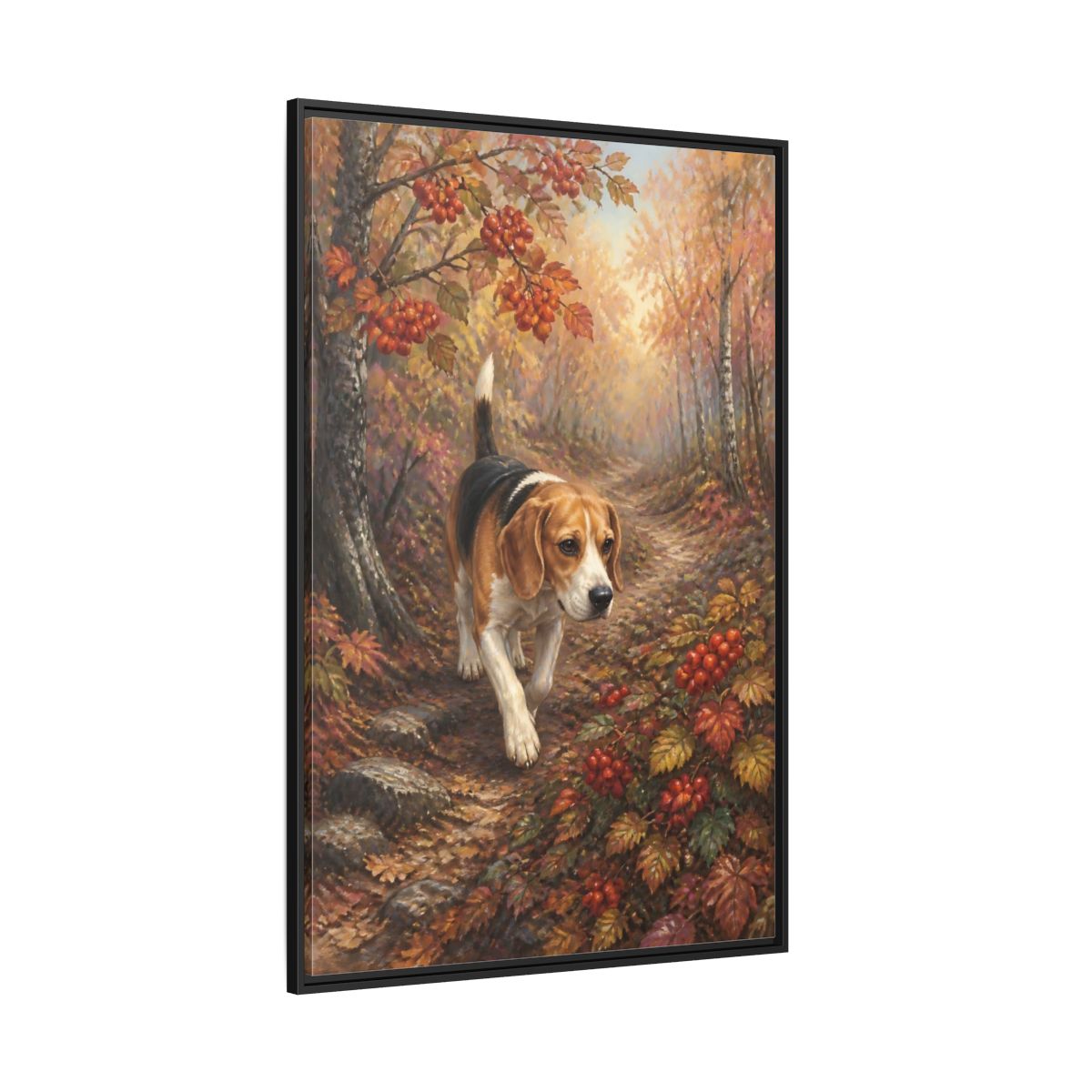Side Mockup 12. Beagle On Autumn Path shown as framed canvas print