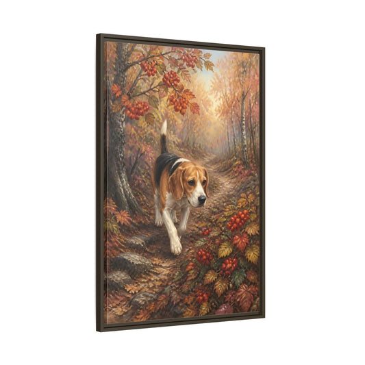 Main Mockup. Beagle On Autumn Path shown as framed canvas print