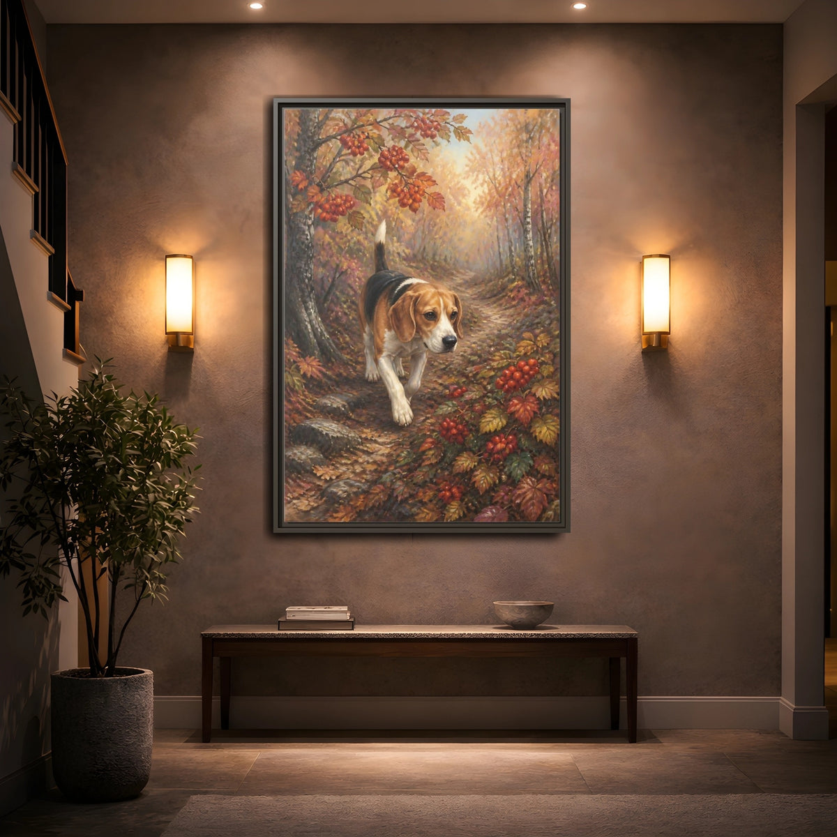 Mockup 2. Beagle On Autumn Path shown as framed canvas print