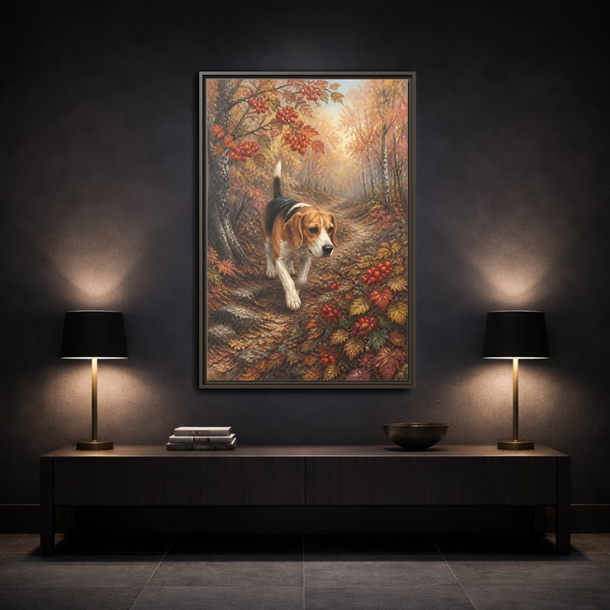 Mockup 3. Beagle On Autumn Path shown as framed canvas print